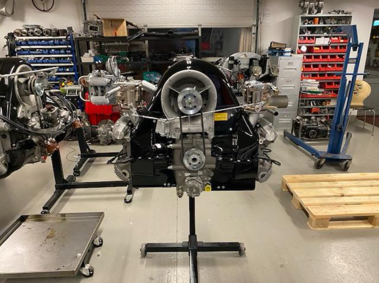 The four-cam crankcase mid-assembly, studded on the bench