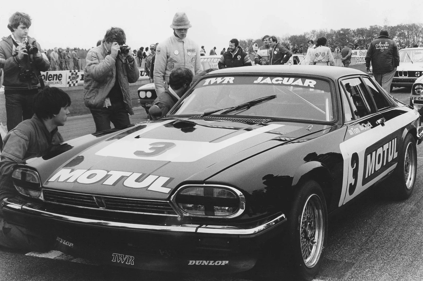 In period: the Motul-liveried XJ-S in the pits, Walkinshaw’s name on the door